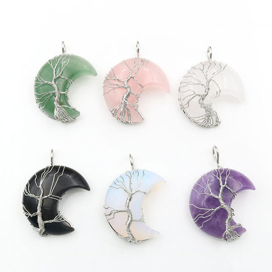 Cross-Border New Handmade Necklace Jewelry Moon Natural Crystal Stone Tree Of Life Jewelry Pendant Necklace Accessories