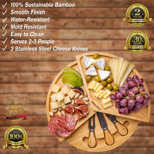 Bamboo Cheese Board and Knife Set - 14 Inch Swiveling Charcuterie