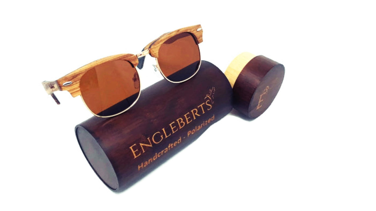 Real Ebony and ZebraWood Sunglasses With Bamboo Case, Tea Polarized