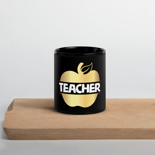 Black Glossy Mug - Teacher in White with Gold Apple