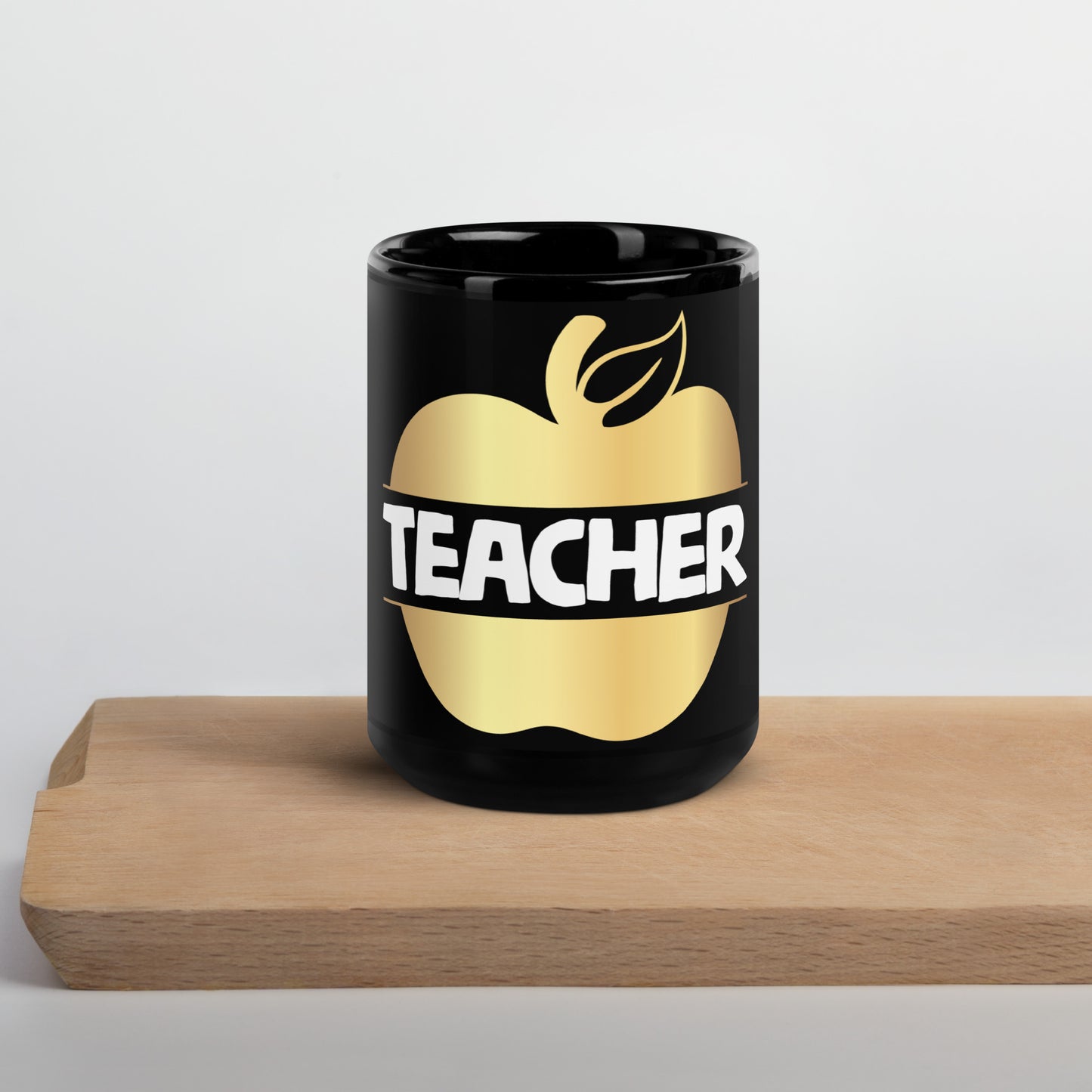Black Glossy Mug - Teacher in White with Gold Apple