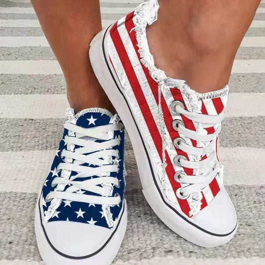 Star Striped Lace Up Sneakers Round Toe Casual Shoes